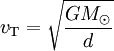 v_{\rm T} = \sqrt{\frac{G M_\odot}{d}}